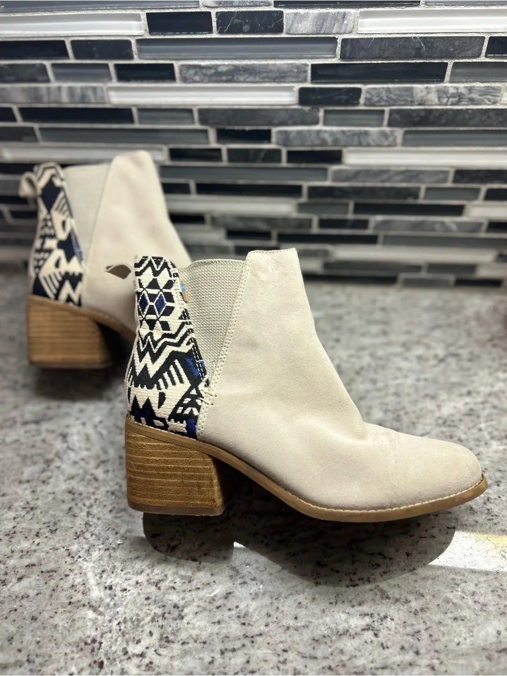 Toms  Chelsea Cream Suede Ankle Booties with Patterned Heel size 7.5